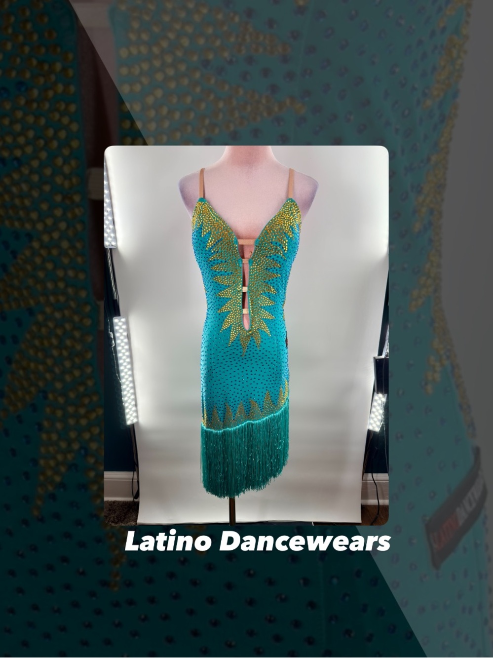 EUC Latino Dancewears Teal And Gold Fringe Rhythm Dress